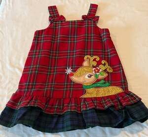 Christmas Rare Editions 24M Girl Dress Red plaid jumper gold reindeer ruffle hem